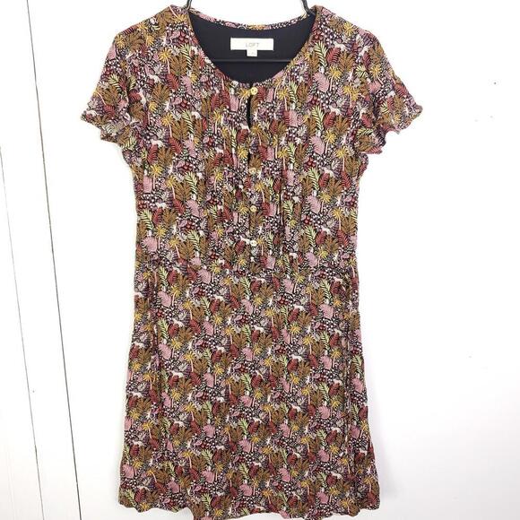 Loft Dress Womens Small Maximalist Colorful Button Front Leaves Flutter Sleeves - Picture 1 of 12